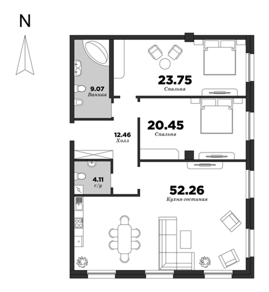 NEVA HAUS, 2 bedrooms, 122.1 m² | planning of elite apartments in St. Petersburg | М16